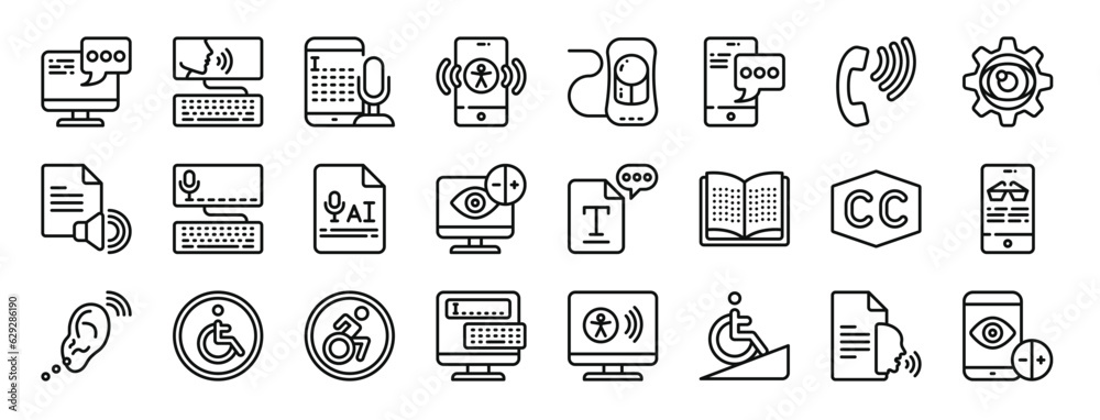 set of 24 outline web accessibility icons such as monitor, speech, audio, smartphone, mouse, smartphone, phone call vector icons for report, presentation, diagram, web design, mobile app