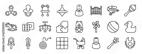 set of 24 outline web baby toys icons such as spinner  nipple  baby hat  spin  baby  bed  water gun vector icons for report  presentation  diagram  web design  mobile app