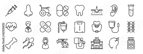 set of 24 outline web medical icons such as injection  e  wheelchair  capsules  tooth  skin  ear vector icons for report  presentation  diagram  web design  mobile app