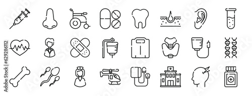set of 24 outline web medical icons such as injection, e, wheelchair, capsules, tooth, skin, ear vector icons for report, presentation, diagram, web design, mobile app