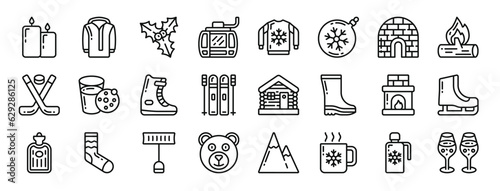set of 24 outline web winter icons such as candles, coat, mistletoe, cable car cabin, sweater, bauble, igloo vector icons for report, presentation, diagram, web design, mobile app