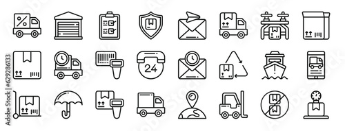 set of 24 outline web shipping and delivery icons such as delivery truck, warehouse, checklist, shield, email, delivery truck, drone vector icons for report, presentation, diagram, web design,