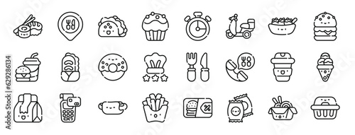 set of 24 outline web take away icons such as sushi  map point  taco  muffin  chronometer  motorcycle  takoyaki vector icons for report  presentation  diagram  web design  mobile app