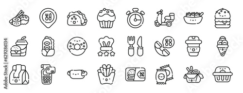 set of 24 outline web take away icons such as sushi, map point, taco, muffin, chronometer, motorcycle, takoyaki vector icons for report, presentation, diagram, web design, mobile app