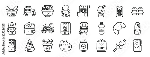 set of 24 outline web take away icons such as shopping basket  food truck  salad  cooker  bill  juice  menu vector icons for report  presentation  diagram  web design  mobile app
