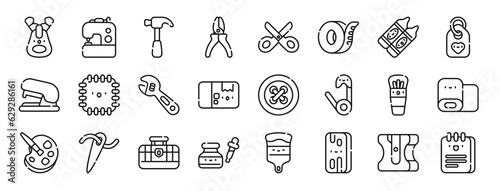 set of 24 outline web handcrafts icons such as zip, sewing hine, hammer, pliers, scissors, measuring tape, crayons vector icons for report, presentation, diagram, web design, mobile app
