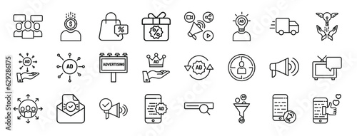 set of 24 outline web ads icons such as customer, money, shopping bag, gift, ads, ad, ads vector icons for report, presentation, diagram, web design, mobile app