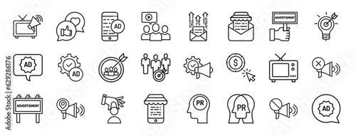 set of 24 outline web ads icons such as tv  like  ads  as  email  sale  ad vector icons for report  presentation  diagram  web design  mobile app