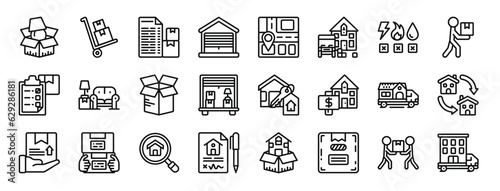 set of 24 outline web removals icons such as packing, trolley, checklist, garage, street map, moving, utilities vector icons for report, presentation, diagram, web design, mobile app