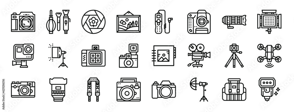 set of 24 outline web photo icons such as camera, brushes, aperture, frame, timer, camera, len vector icons for report, presentation, diagram, web design, mobile app set of 24 outline web photo icons such as camera, brushes, aperture, frame, timer, camera, len vector icons for report, presentation, diagram, web design, mobile app