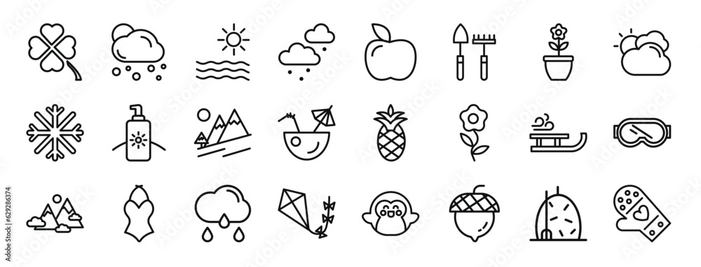 set of 24 outline web seasons icons such as clover, snow, sun, snowing, , tools, flower vector icons for report, presentation, diagram, web design, mobile app set of 24 outline web seasons icons such as clover, snow, sun, snowing, , tools, flower vector icons for report, presentation, diagram, web design, mobile app