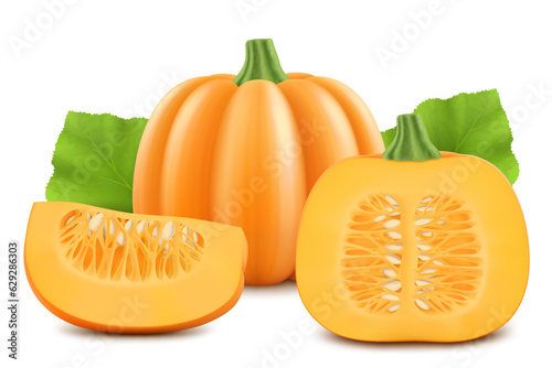 Whole pumpkin, half and quarter of ripe pumpkin isolated on white background. Decorative art element for Thanksgiving, Halloween celebration layout design. Vegetable fair. Realistic 3d vector