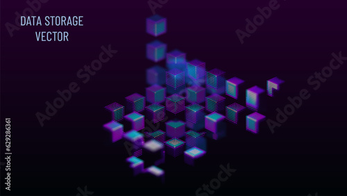Data warehouse visualization. Glowing cubes from dots illuminated by cold light. Realistic shadows. Depth of field. Abstract background.