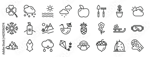set of 24 outline web seasons icons such as clover, snow, sun, snowing, , tools, flower vector icons for report, presentation, diagram, web design, mobile app
