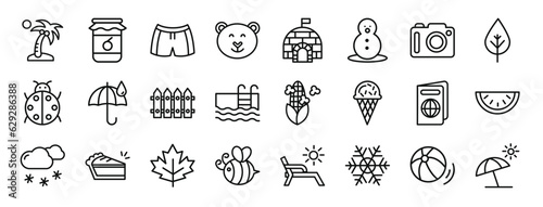 set of 24 outline web seasons icons such as palm tree, jam, swimsuit, polar bear, igloo, snowman, photo camera vector icons for report, presentation, diagram, web design, mobile app