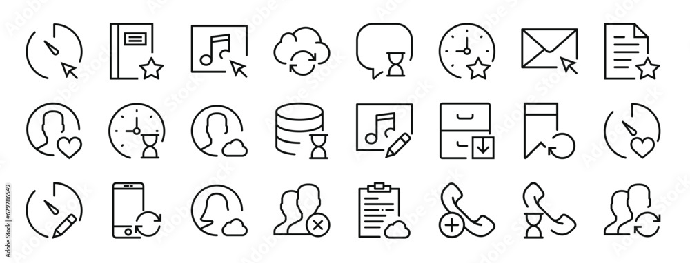 set of 24 outline web interaction set icons such as stopwatch, notebook, music player, cloud computing, speech bubble, stopwatch, mail vector icons for report, presentation, diagram, web design,