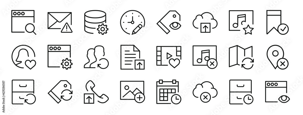 set of 24 outline web interaction set icons such as browser, mail, database, , price tag, cloud computing, music player vector icons for report, presentation, diagram, web design, mobile app set of 24 outline web interaction set icons such as browser, mail, database, , price tag, cloud computing, music player vector icons for report, presentation, diagram, web design, mobile app