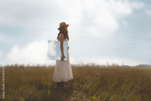 romantic woman carries under her arm a painting of the sky, dream concept