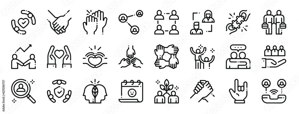set of 24 outline web friendship icons such as protection, hands, high five, share, community, relationship, puzzles vector icons for report, presentation, diagram, web design, mobile app set of 24 outline web friendship icons such as protection, hands, high five, share, community, relationship, puzzles vector icons for report, presentation, diagram, web design, mobile app
