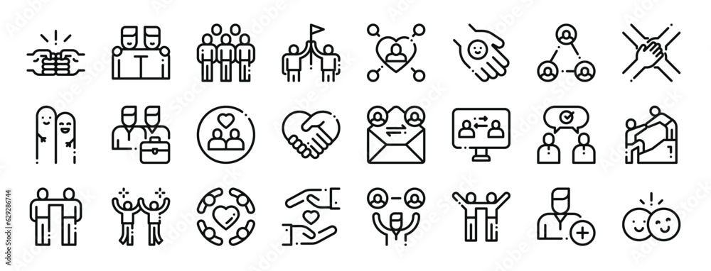 set of 24 outline web friendship icons such as brotherhood, friends, community, win, kindness, friendly, relationship vector icons for report, presentation, diagram, web design, mobile app