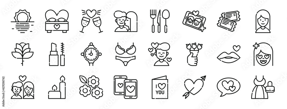 set of 24 outline web date night icons such as sun, bed, cheers, kiss, cutlery, selfie, tickets vector icons for report, presentation, diagram, web design, mobile app