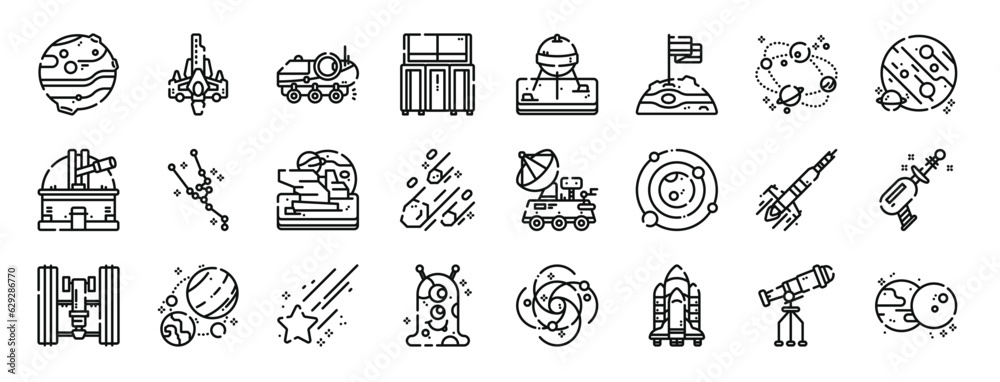 set of 24 outline web space icons such as mars, rocket, , computer, capsule, flag, space vector icons for report, presentation, diagram, web design, mobile app