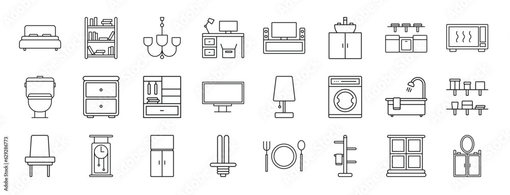set of 24 outline web furniture icons such as double bed, bookshelf, chandelier, desk, home theater, basin, kitchen cabinet vector icons for report, presentation, diagram, web design, mobile app