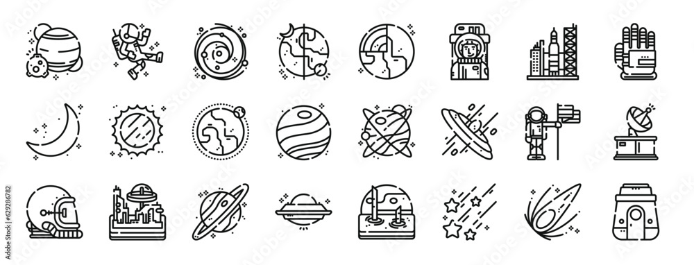 set of 24 outline web space icons such as planets, astronaut, galaxy, day and night, earth, astronaut, space shuttle vector icons for report, presentation, diagram, web design, mobile app