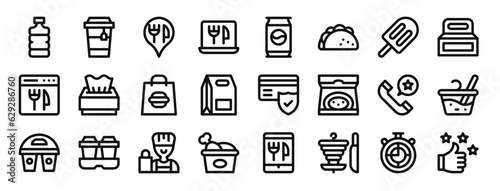 set of 24 outline web take away icons such as water bottle, tea, placeholder, online, , taco, ice cream vector icons for report, presentation, diagram, web design, mobile app