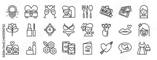 set of 24 outline web date night icons such as sun, bed, cheers, kiss, cutlery, selfie, tickets vector icons for report, presentation, diagram, web design, mobile app