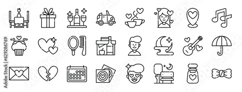 set of 24 outline web date night icons such as restaurant, gift, wine, car, coffee, girl, placeholder vector icons for report, presentation, diagram, web design, mobile app