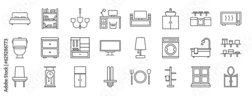 set of 24 outline web furniture icons such as double bed, bookshelf, chandelier, desk, home theater, basin, kitchen cabinet vector icons for report, presentation, diagram, web design, mobile app