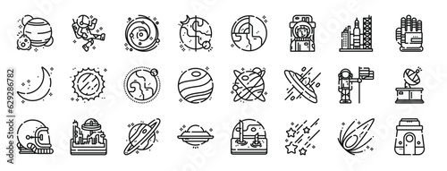 set of 24 outline web space icons such as planets, astronaut, galaxy, day and night, earth, astronaut, space shuttle vector icons for report, presentation, diagram, web design, mobile app