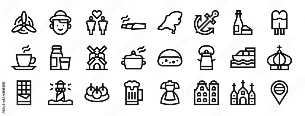 set of 24 outline web holland icons such as windmill, dutch, same sex marriage, marijuana, map, anchor, wine vector icons for report, presentation, diagram, web design, mobile app