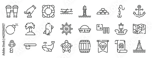 set of 24 outline web pirates icons such as binoculars, cannon, lifesaver, boat, lighthouse, gold, hook vector icons for report, presentation, diagram, web design, mobile app