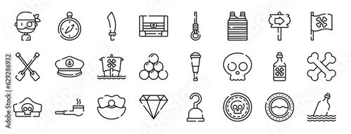 set of 24 outline web pirates icons such as pirate, compass, sabre, treasure, gallows, sailor, vector icons for report, presentation, diagram, web design, mobile app