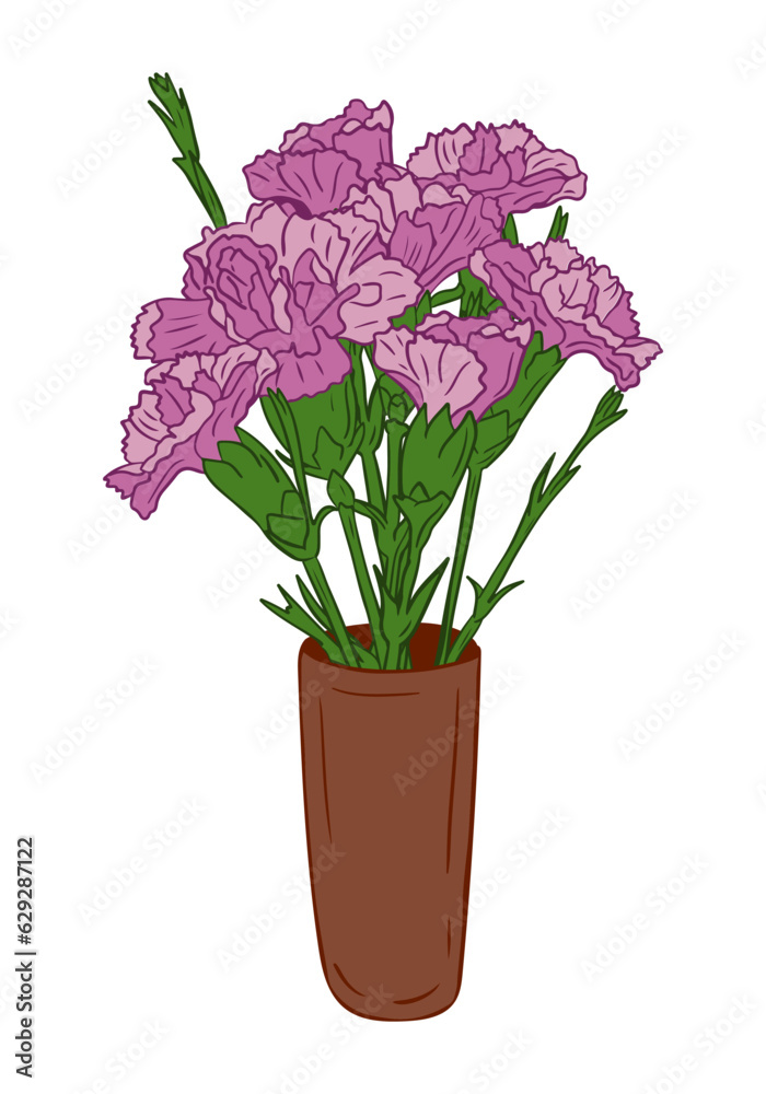 Obraz premium Vector purple carnation bunch in ceramic vase. Isolated flat outline flowers on white background. Unique floral illustration. Suitable for greeting card, invitation, banner