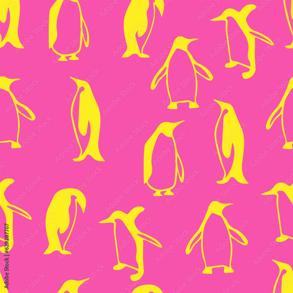 Yellow penguin silhouette on pink background, seamless similary