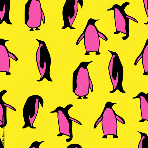 seamless bright pattern with penguins in pink and yellow. Fashion, creative, textiles, decoration, design.
