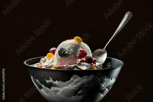 Bowl of fruit ice cream on black with spoon. Generative AI