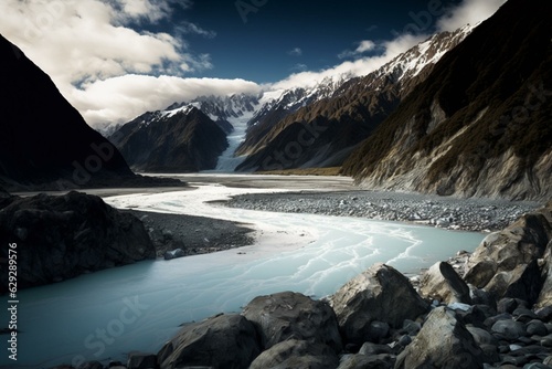Wide view of Waiho river's bed from Franz Josef glacier & snowy peaks in New Zealand. Generative AI