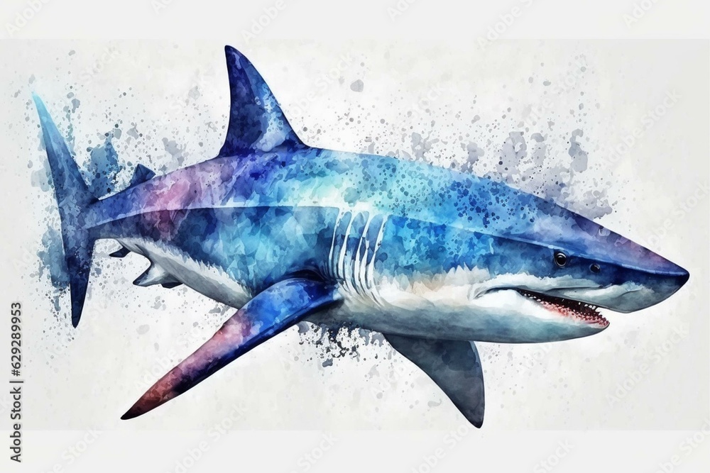 Fototapeta premium Realistic watercolor shark on white background. Ideal for design, print, stickers, or backgrounds. Generative AI