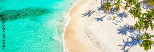Aerial drone view of the beautiful small island and palm trees of Atlantic Ocean. Vacation background