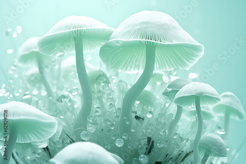 Creative wallpaper with many unusual mushrooms in a mint green color palette. Unusual background of fantasy fairy mushrooms. 3d render illustration style.