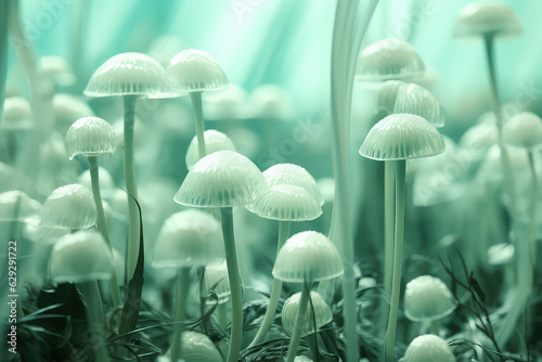 Creative wallpaper with many unusual mushrooms in a mint green color palette. Unusual background of fantasy fairy mushrooms. 3d render illustration style.