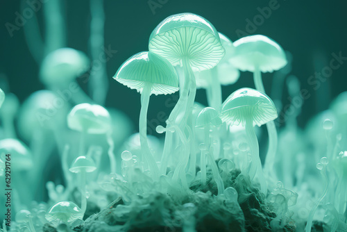 Creative wallpaper with many unusual mushrooms in a mint green color palette. Unusual background of fantasy fairy mushrooms. 3d render illustration style.
