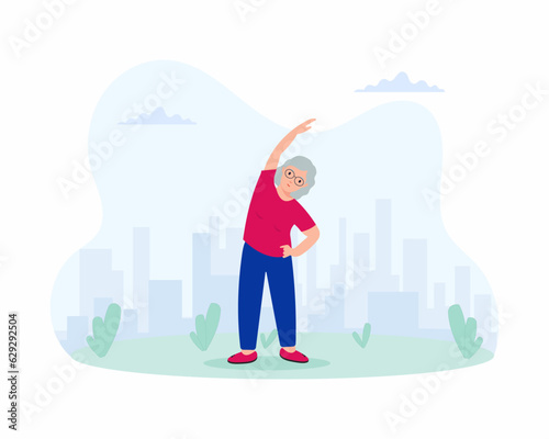 Senior woman spends time outdoors and doing exercises in park active healthy lifestyle concept