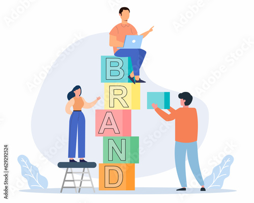 Business team working Together and Build Tower of Colored Cubes Build branding or brand awareness