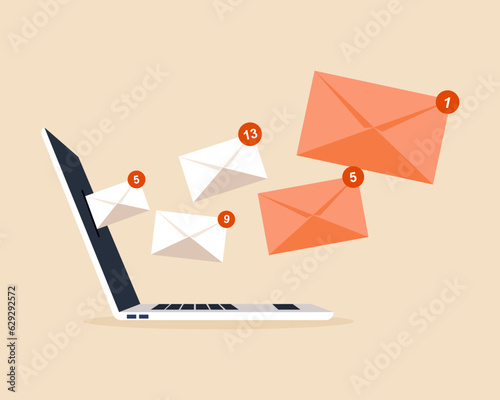 laptop with multiple emails notifications, online messages popup Sending or receiving email concept