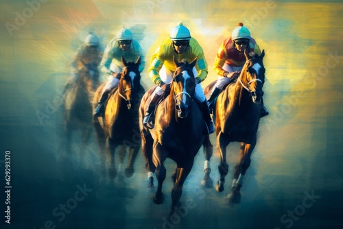 Horse race with jockeys at sunset. Colorful background. Generative AI. © YULIIA